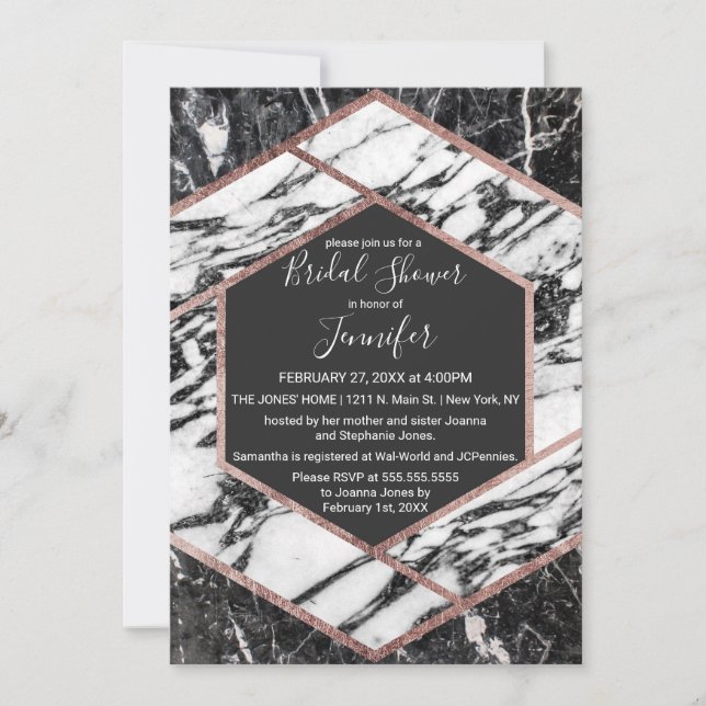 Modern Marble Rose Gold Trim Hexagon Bridal Shower Invitation (Front)