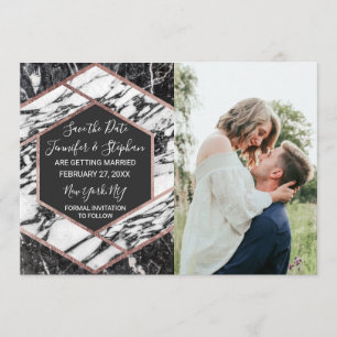 Modern Marble Rose Gold Trim Hexagon Save the Date Invitation