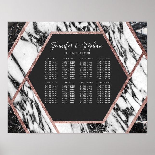 Modern Marble Rose Gold Trim Hexagon Seating Chart (Front)