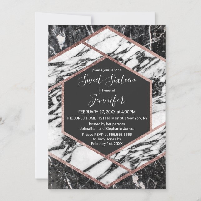 Modern Marble Rose Gold Trim Hexagon Sweet 16 Invitation (Front)