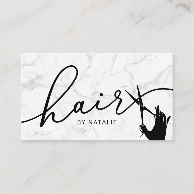 Modern Marble Scissor Hand Hairstylist Hair Salon Business Card (Front)