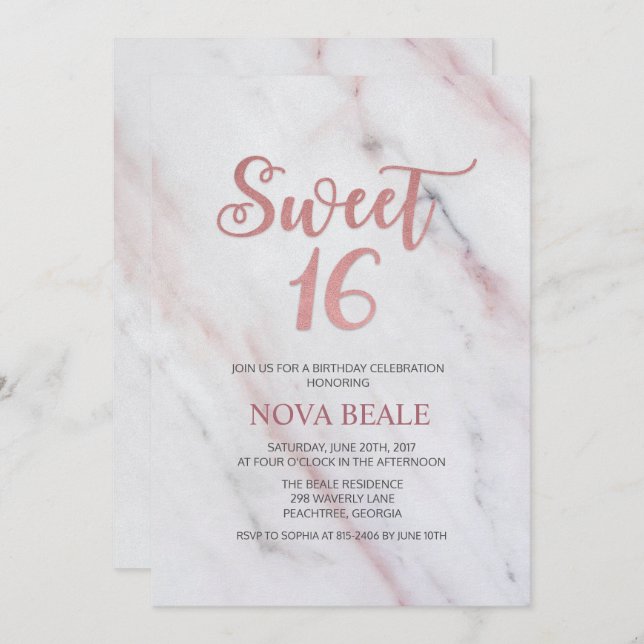 Modern Marble Sweet 16 Birthday Invitation (Front/Back)