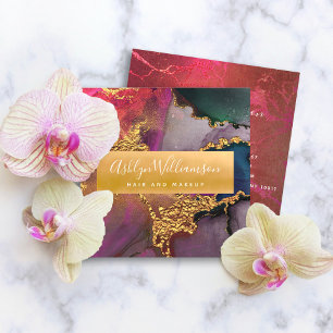 Modern marble watercolor gold purple pink blue square business card