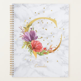 Modern Marble Watercolor Golden Monogram Letter C Planner