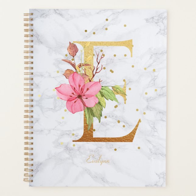 Modern Marble Watercolor Golden Monogram Letter E Planner (Front)