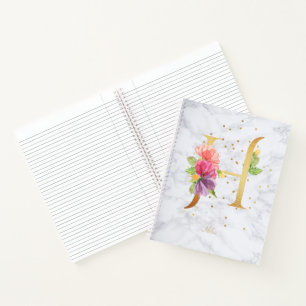 Modern Marble Watercolor Golden Monogram Letter H Notebook