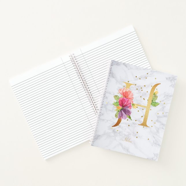 Modern Marble Watercolor Golden Monogram Letter H Notebook (Inside)