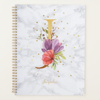 Modern Marble Watercolor Golden Monogram Letter J Planner