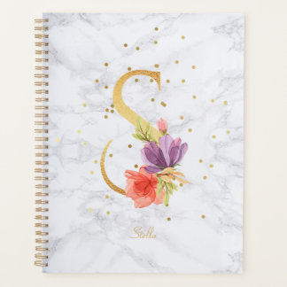 Modern Marble Watercolor Golden Monogram Letter S Planner