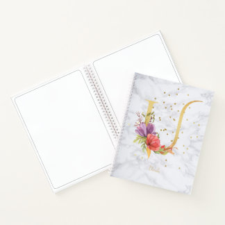 Modern Marble Watercolor Golden Monogram Letter U Notebook
