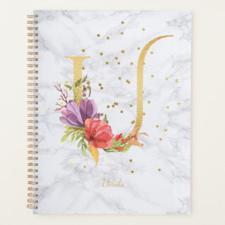 Modern Marble Watercolor Golden Monogram Letter U Planner