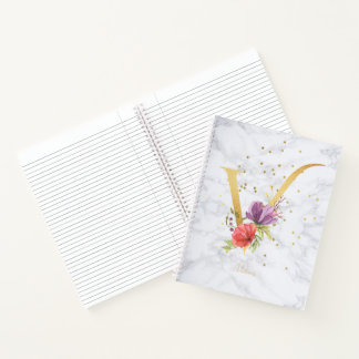 Modern Marble Watercolor Golden Monogram Letter V Notebook