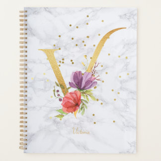 Modern Marble Watercolor Golden Monogram Letter V Planner