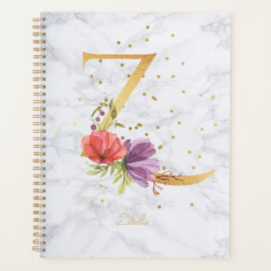 Modern Marble Watercolor Golden Monogram Letter Z Planner