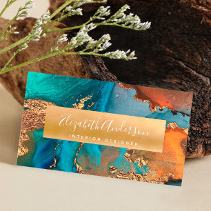 Modern marble watercolor turquoise gold orange business card