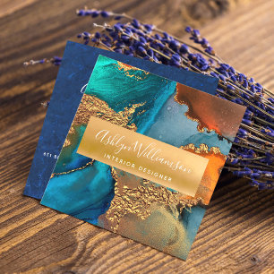 Modern marble watercolor turquoise orange gold square business card