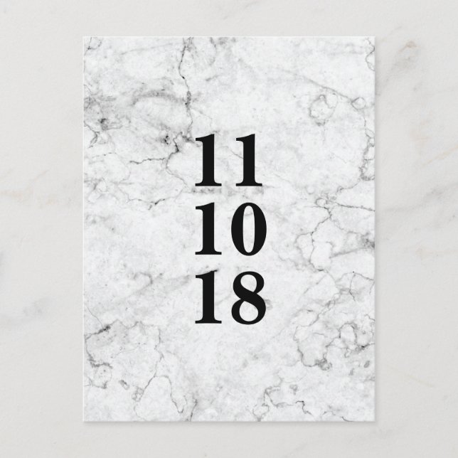 Modern marble wedding save the date postcard (Front)