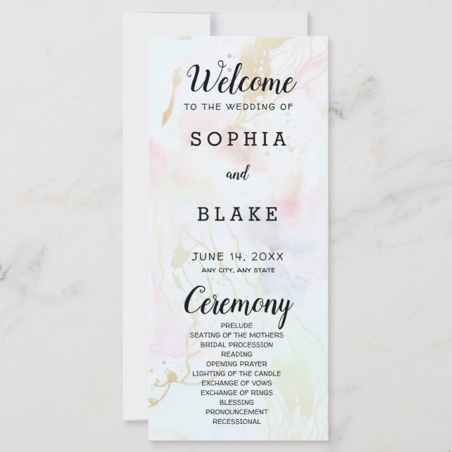 Modern Marble White Pink Blue Wedding Program (Front)