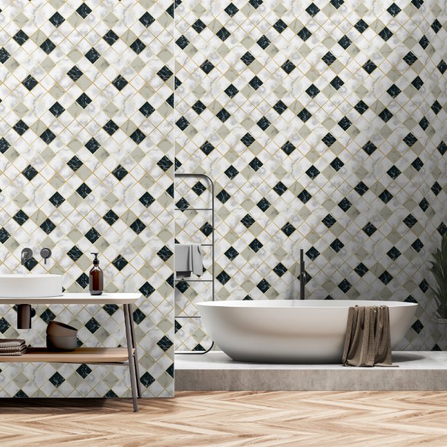 Modern Marbled Tiles Bathroom Wallpaper (Bathroom)