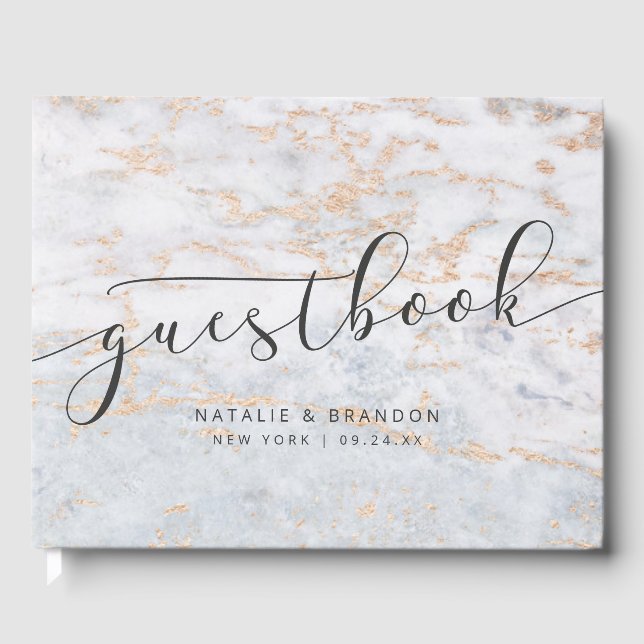 Modern Marbles in Blue with Copper Fall Wedding Guest Book (Front)