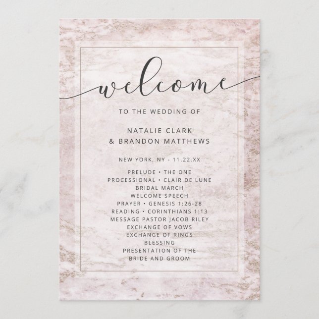 Modern Marbles in Mauve Rose Gold Wedding Ceremony Programme (Front)
