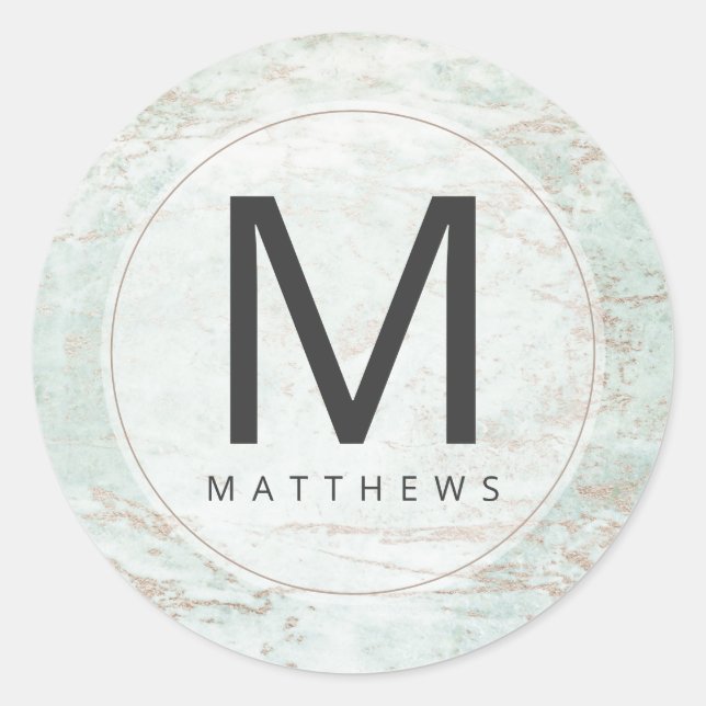 Modern Marbles in Mint Rose Gold Monogram Wedding Classic Round Sticker (Front)