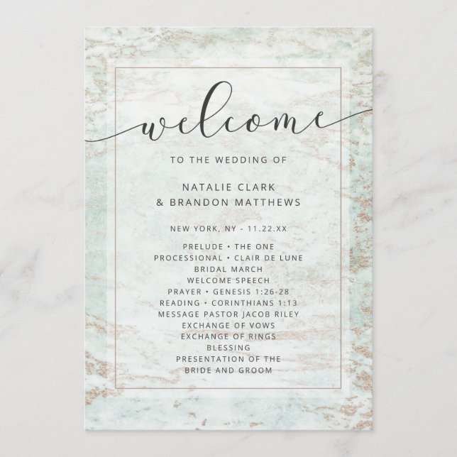 Modern Marbles in Mint Rose Gold Wedding Ceremony Programme (Front)