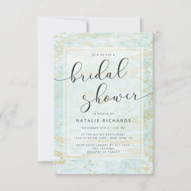 Modern Marbles in Ocean with Gold Bridal Shower Invitation (Front)