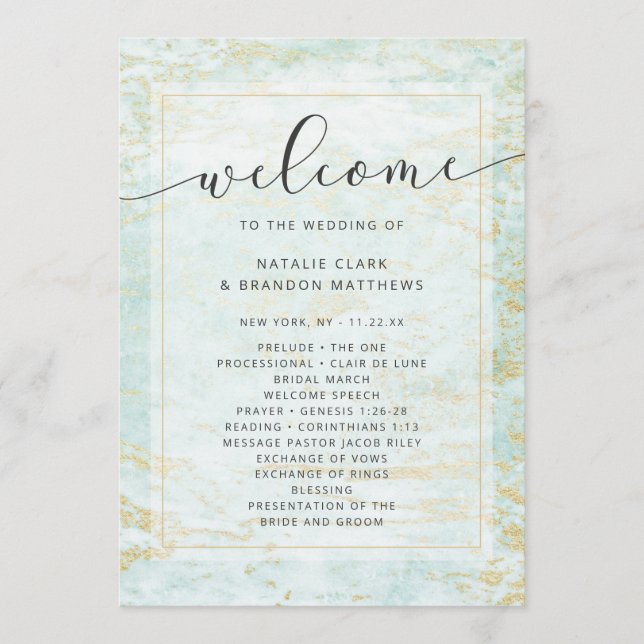 Modern Marbles in Ocean with Gold Wedding Ceremony Programme (Front)