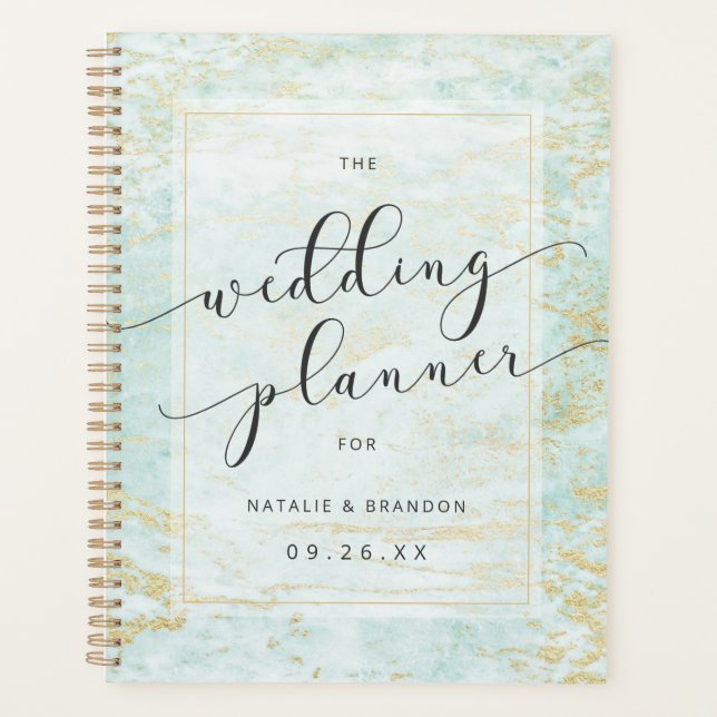 Modern Marbles in Ocean with Gold Wedding Plans Planner (Front)