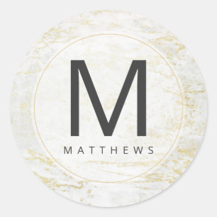 Modern Marbles in White with Gold Monogram Wedding Classic Round Sticker