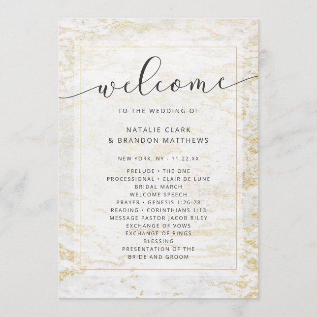 Modern Marbles in White with Gold Wedding Ceremony Programme (Front)