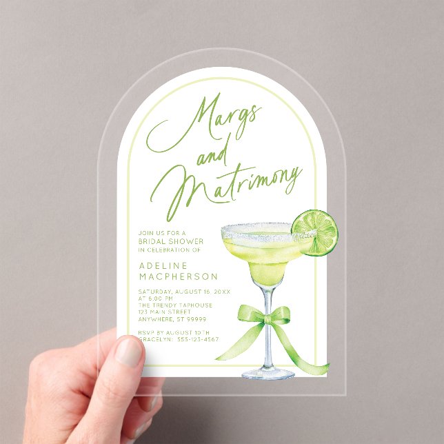 Modern Margs And Matrimony Bridal Shower Acrylic Invitations (Insitu (Handheld))