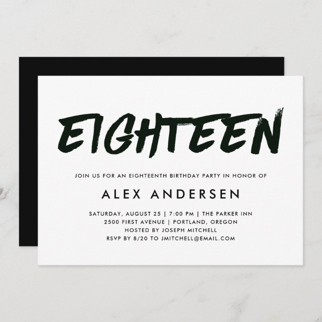 Modern Marker Black and White Eighteenth Birthday Invitation (Front/Back)