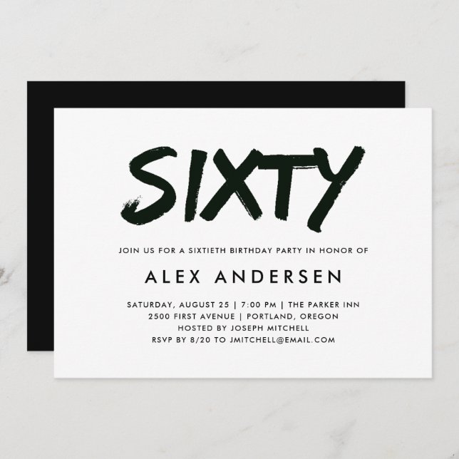 Modern Marker | Black and White Sixtieth Birthday Invitation (Front/Back)