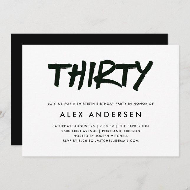Modern Marker | Black and White Thirtieth Birthday Invitation (Front/Back)
