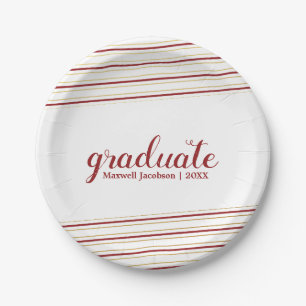 Modern Maroo & Gold Stripe Graduation Party Plates
