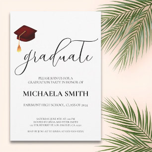 Modern Maroon Cap High School Graduation Party  Invitation