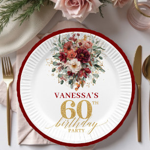 Modern Maroon Gold Autumn Floral 60th Birthday Pla Paper Plate