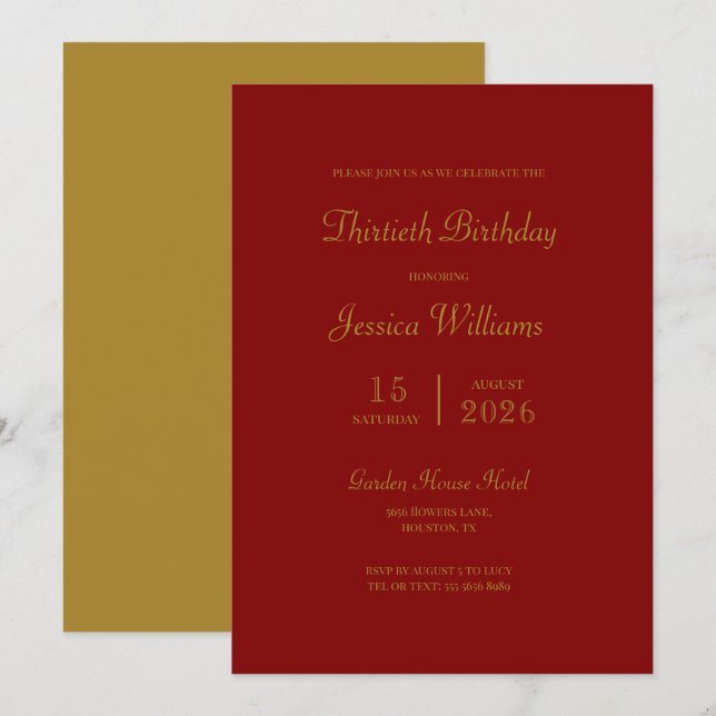 Modern Maroon & Gold Birthday Party Invitation (Front/Back)