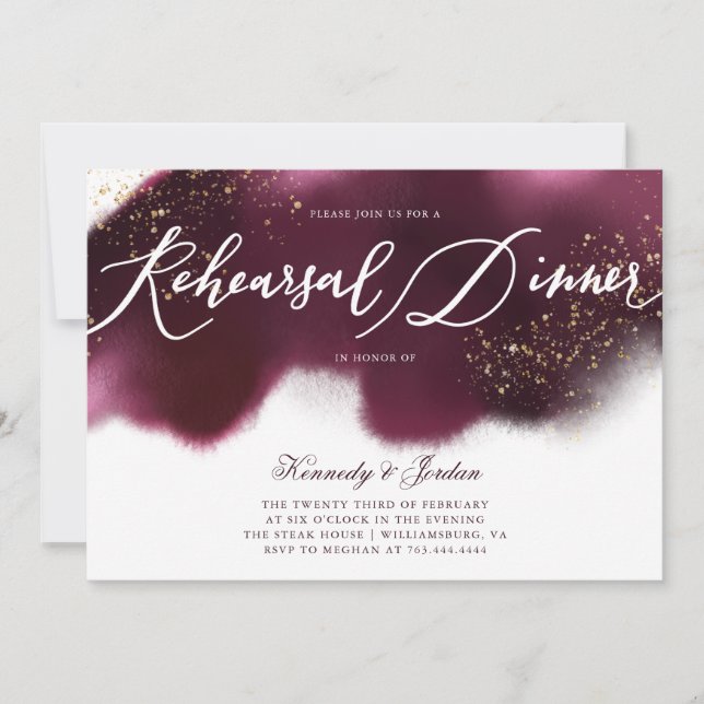 Modern Maroon Gold Glitter Rehearsal Dinner Invitation (Front)