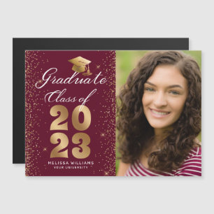 Modern Maroon Gold Script Cap Glitter Photo Grad