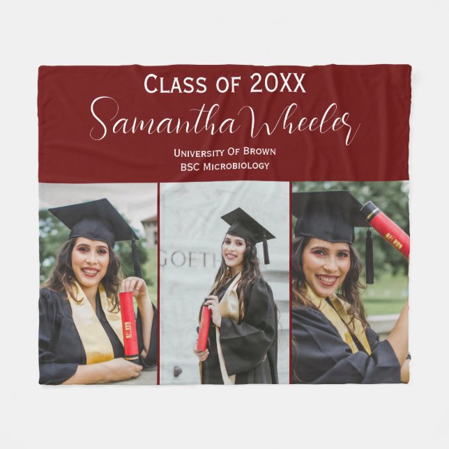Modern Maroon Graduation Custom Photo Collage Name Fleece Blanket (Front (Horizontal))