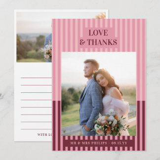 Modern Maroon Pink Stripes Wedding Photo Thank You Card