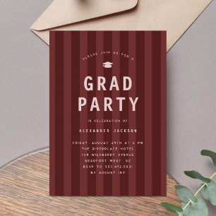 Modern Maroon Sporty Stripes Graduation Party Invitation