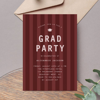 Modern Maroon Sporty Stripes Graduation Party Invitation