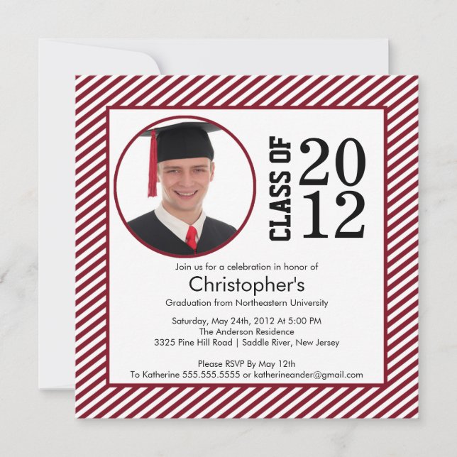 Modern Maroon Stripes Photo Graduation invitation (Front)