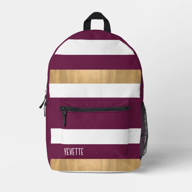 Modern Maroon White and Gold Bold Striped Printed Backpack (Front)