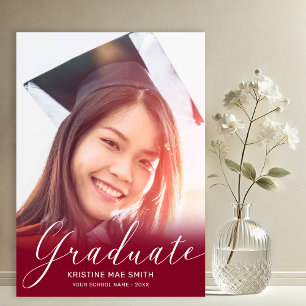 Modern Maroon White Calligraphy Photo Graduation Announcement