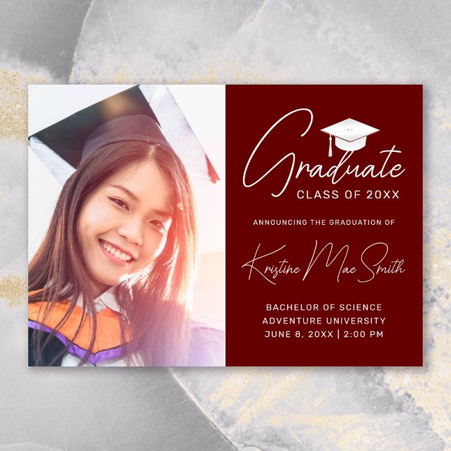 Modern Maroon White Script Photo Graduation Announcement (Modern Maroon White Script Photo College Graduation Announcement)